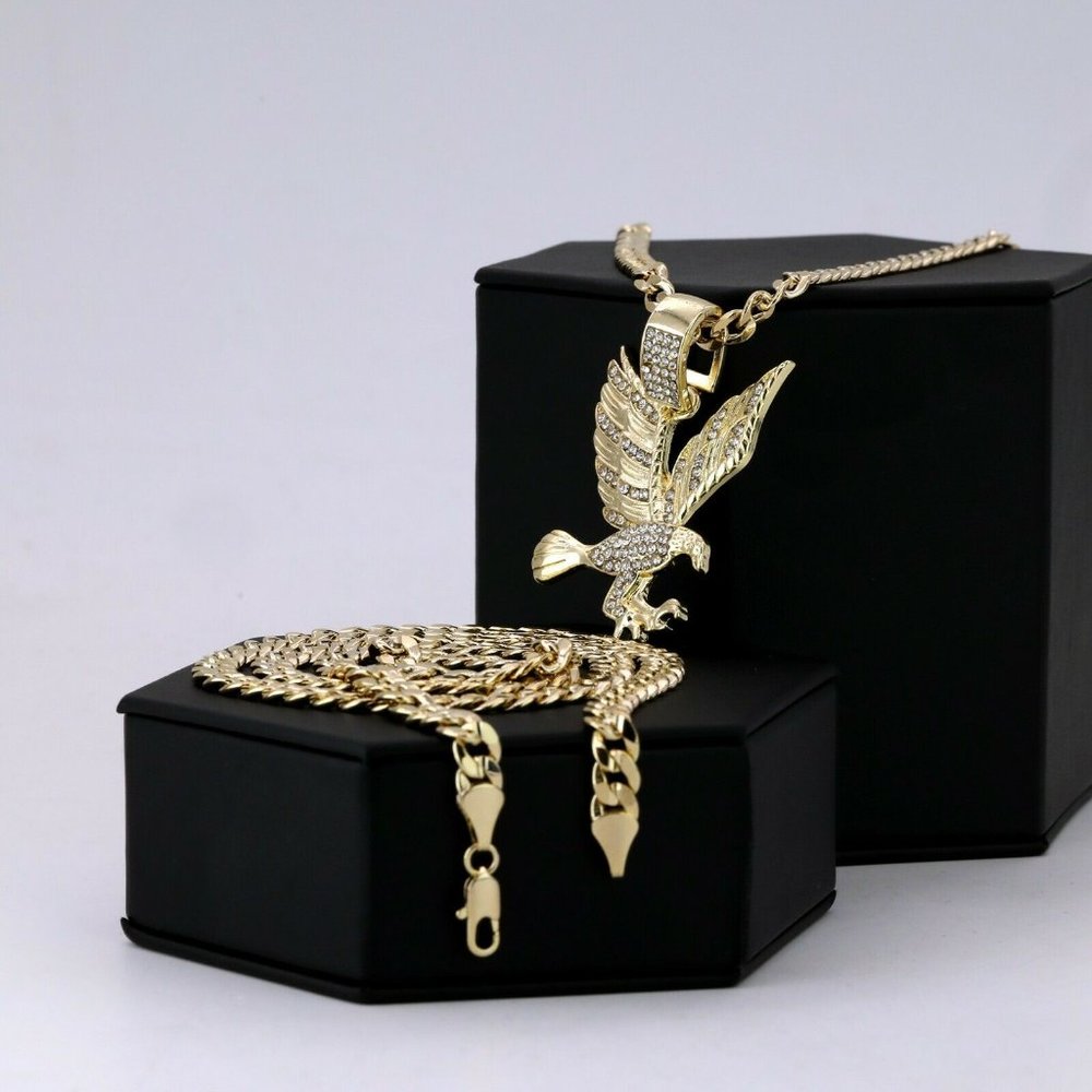 14k Eagle Pendant Stamped Cuban Necklace